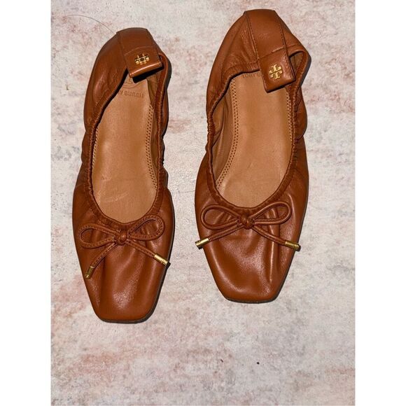Tory Burch Women’s Brown Leather Square Toe Ballet Flats - Picture 1 of 6